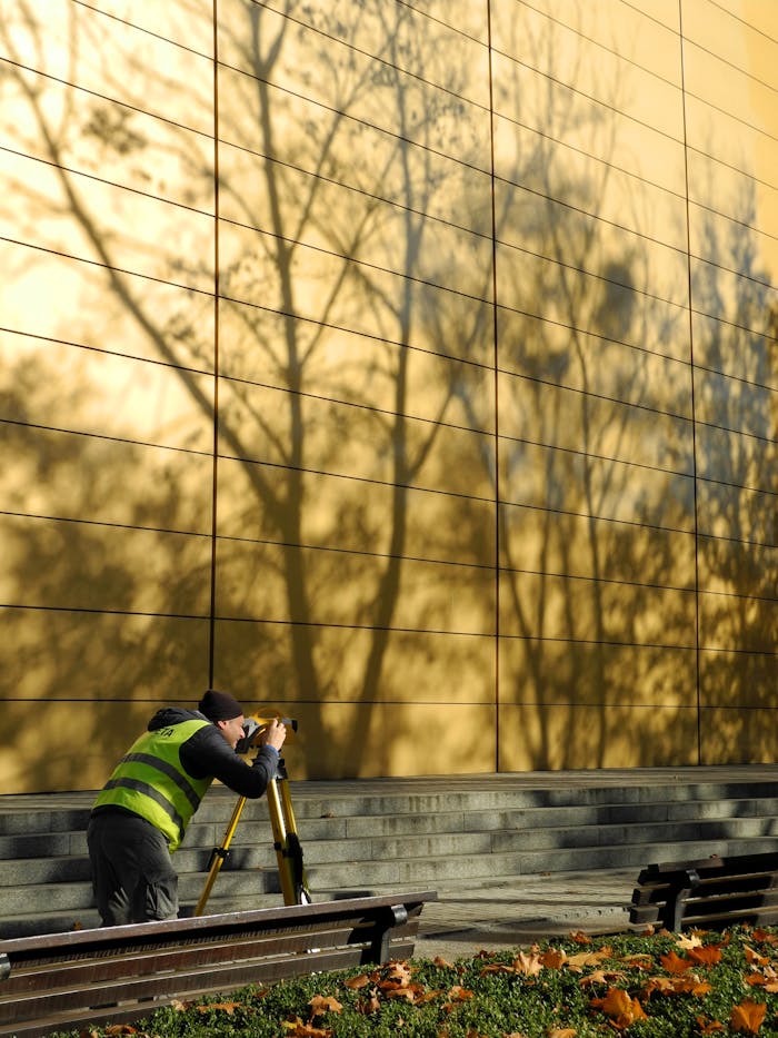 Surveyor in hi-vis vest using equipment near a reflective gold wall with tree shadows.